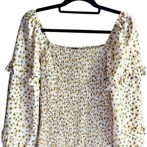 Pretty Garden Floral Smocked Mini Dress Large Square Neck Long Sleeve Boho